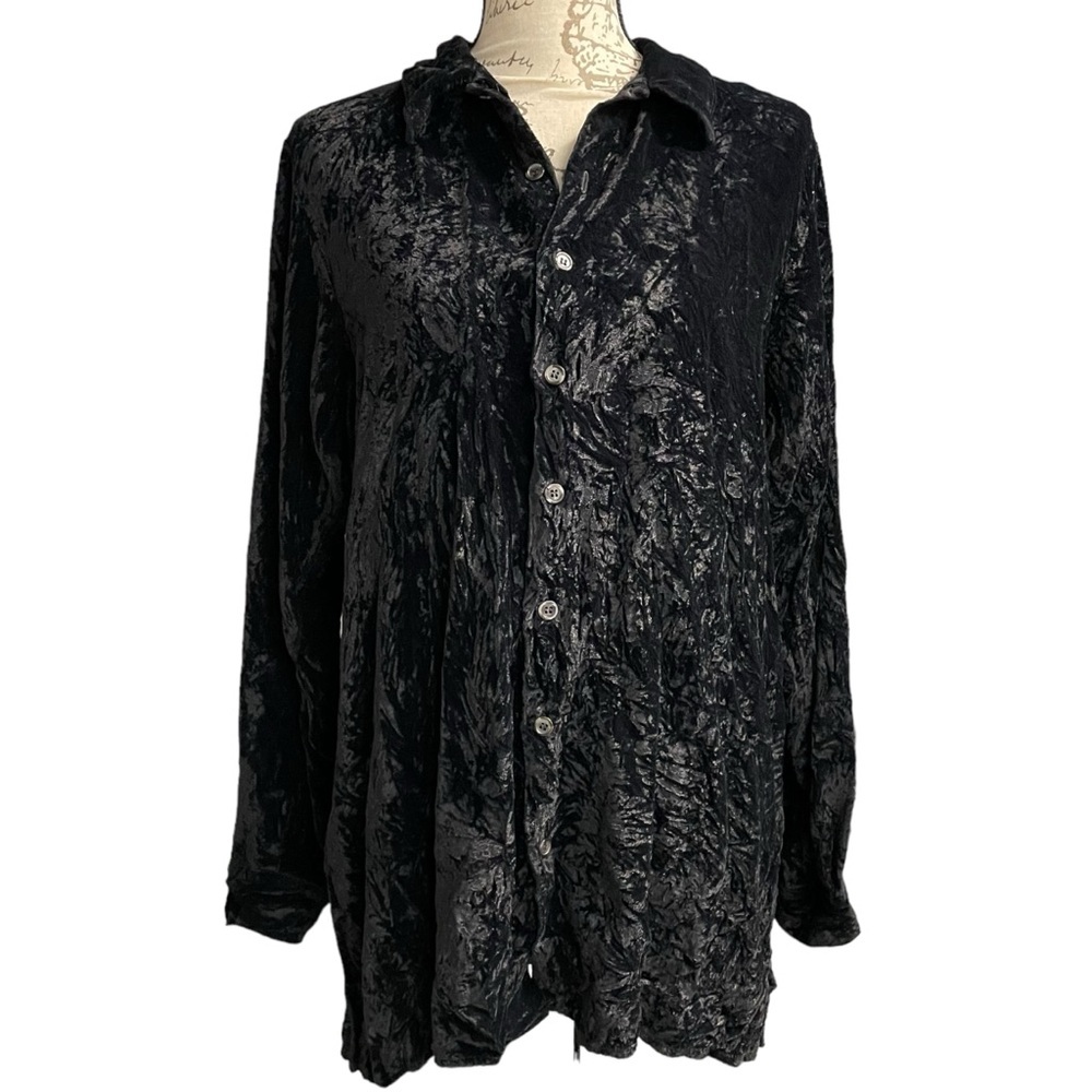 CP shades velour crushed velvet button down top black women’s lagenlook shirt